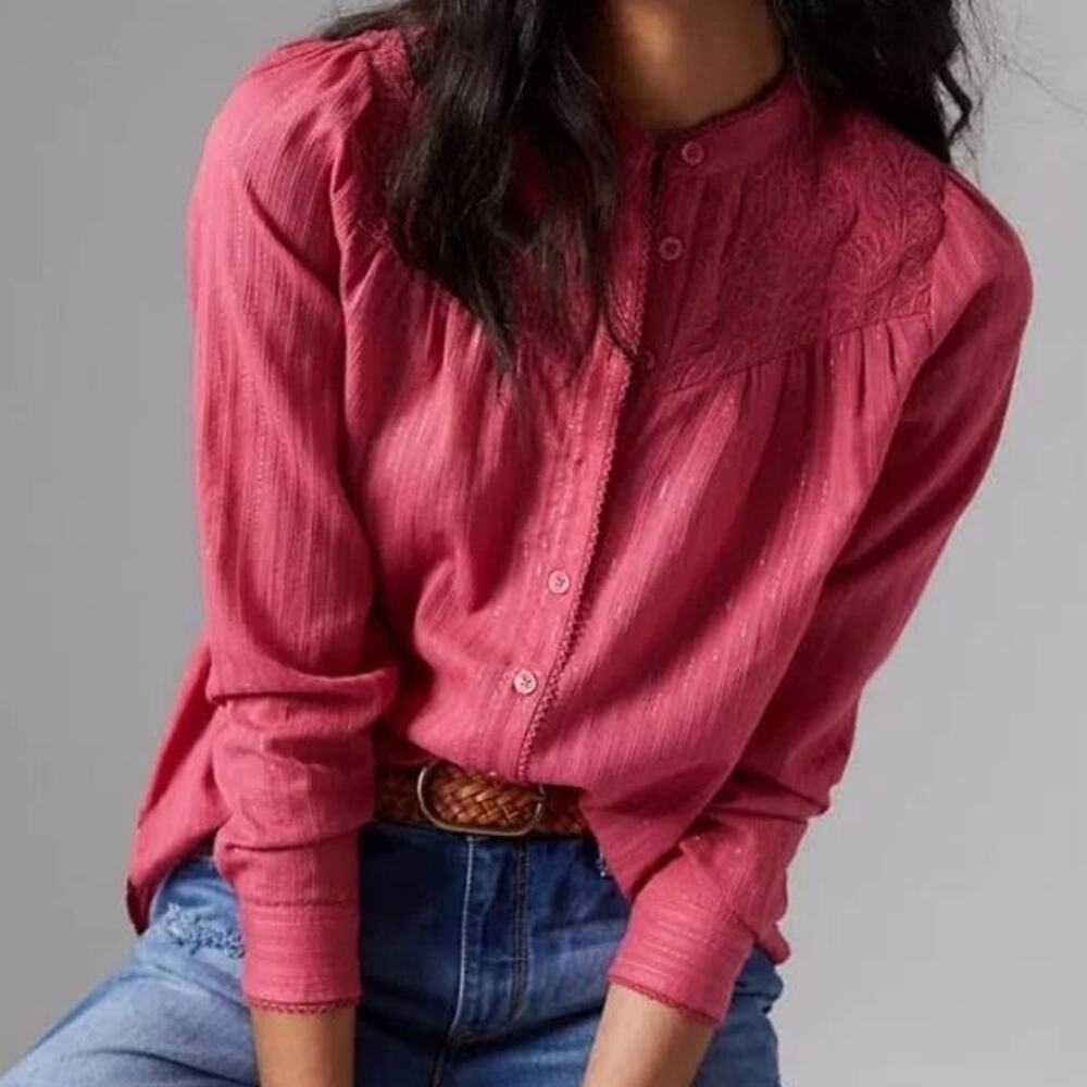 Pilcro Anthro The Victoria Pink Lace Button Down Top Cotton Women's 14